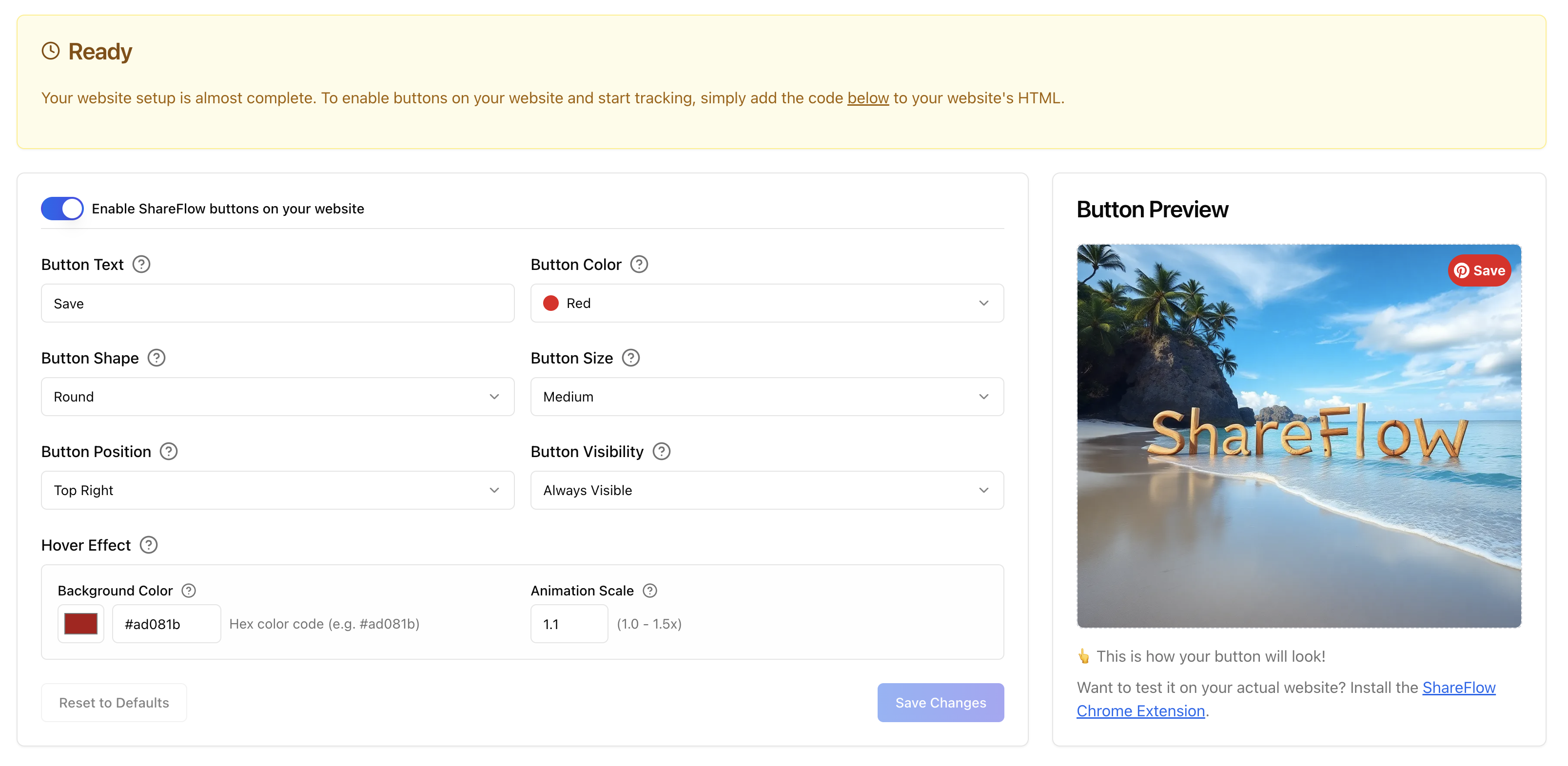Configuring Pinterest Save buttons in the ShareFlow dashboard